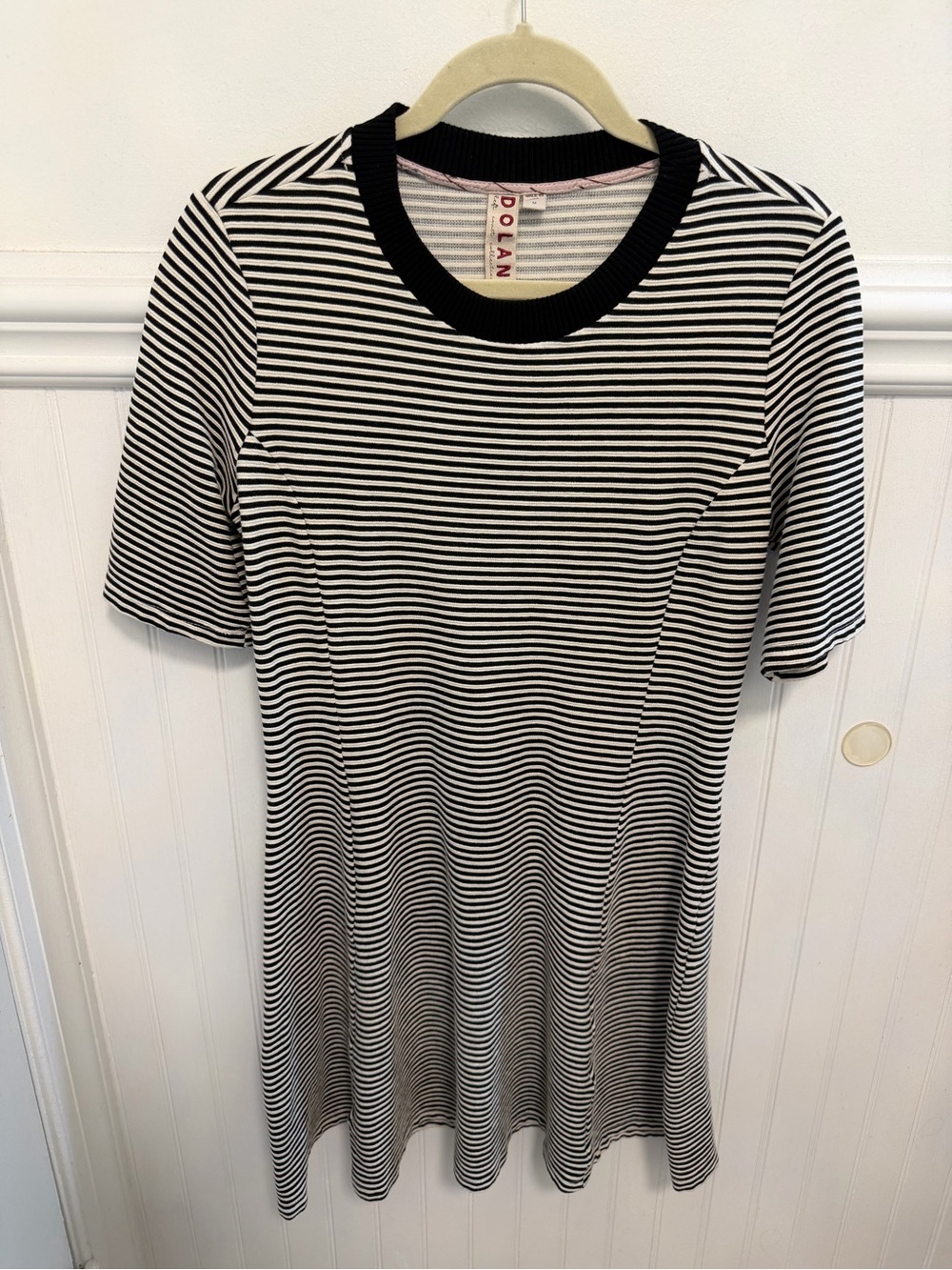 dolan Black and White Striped Crewneck Dress with Pink Trim